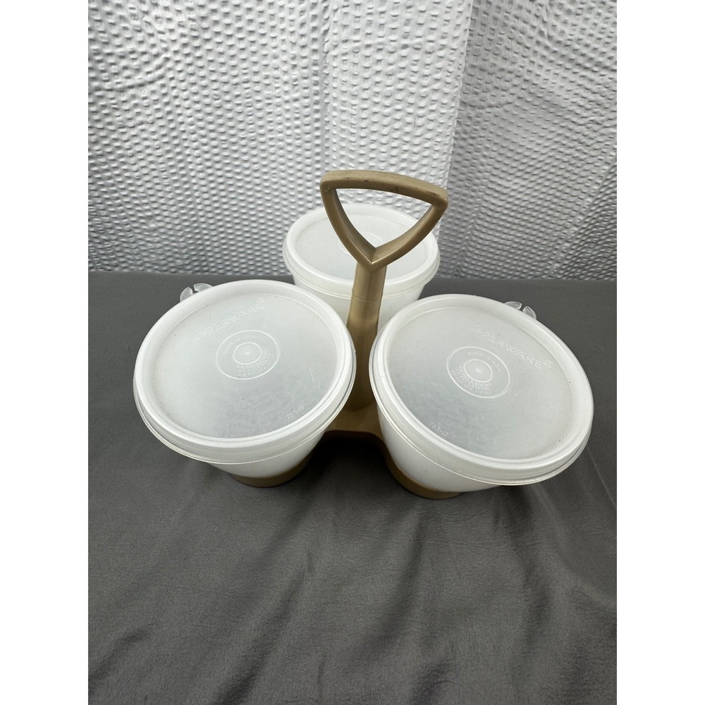 Vintage Tupperware Serve 'n Store 3-pc Condiment Caddy Carrier‎ Almond #757-4
